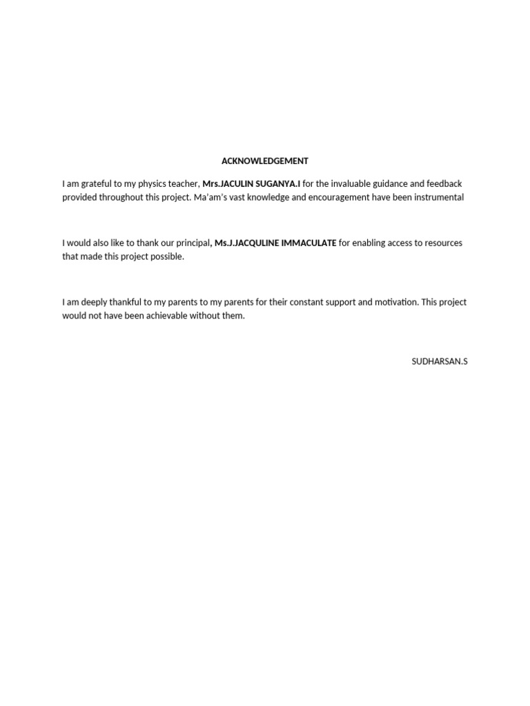 Project Acknowledgements by Sudharsan S | PDF