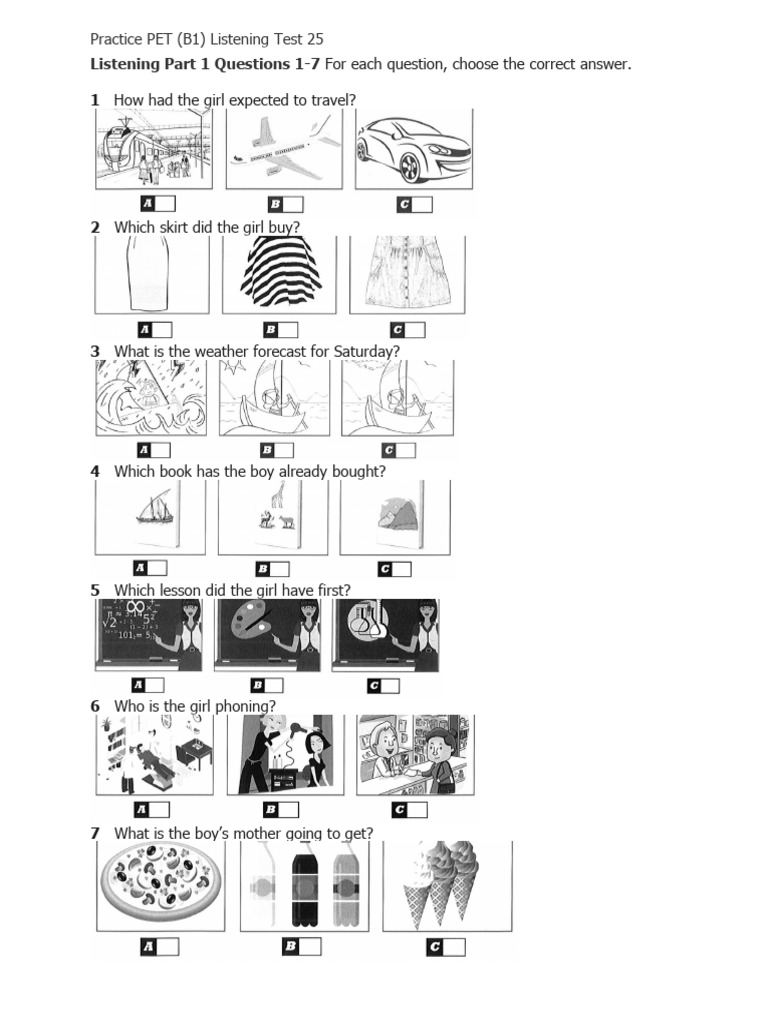 Listening Part 1 Questions 1-7: Practice PET (B1) Listening Test 25 | PDF