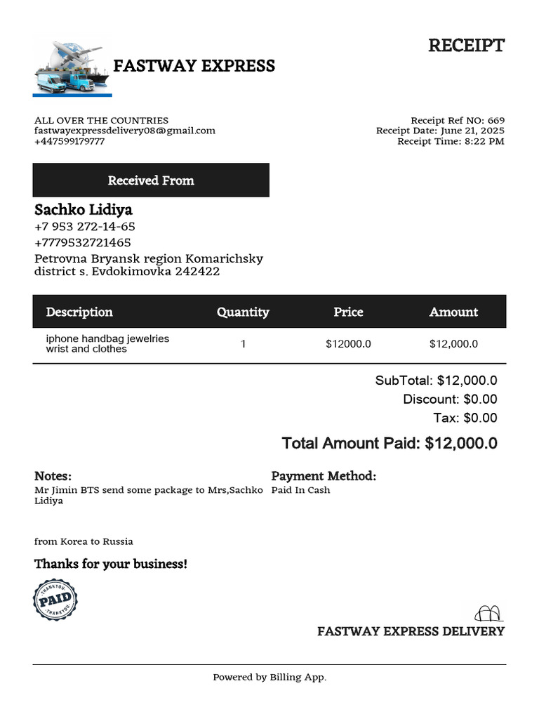 Fastway Express Receipt for Shipment | PDF