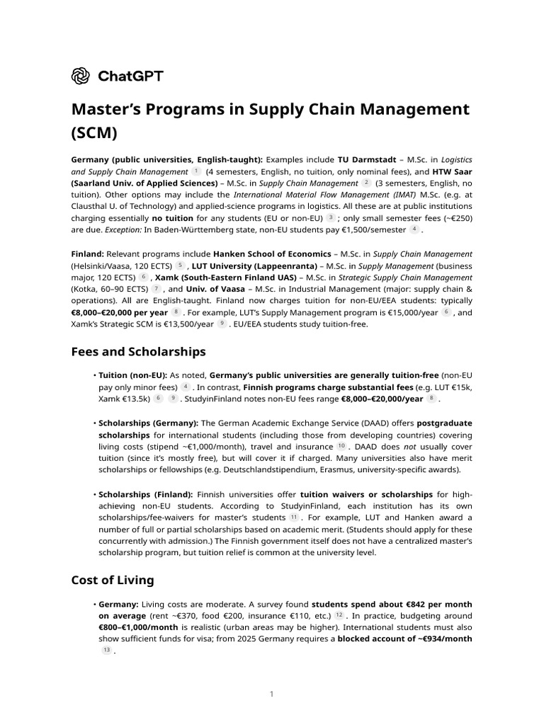 Master's Programs in Supply Chain Management (SCM) | PDF | Cost Of ...