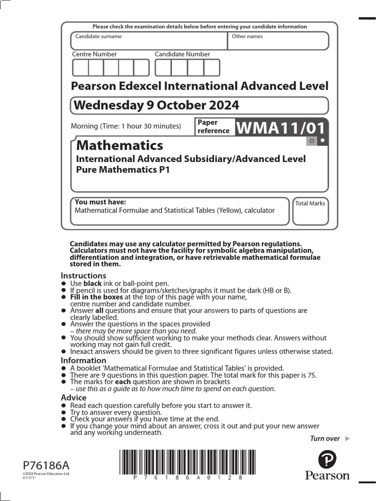 Edexcel IAL Pure Maths P1 Exam 2024 | PDF | Area | Tangent