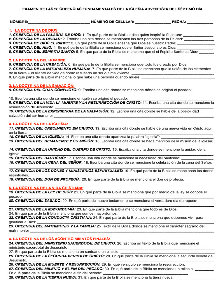 Examen de las 28 Creencias Adventistas | PDF | Cristo (título ...
