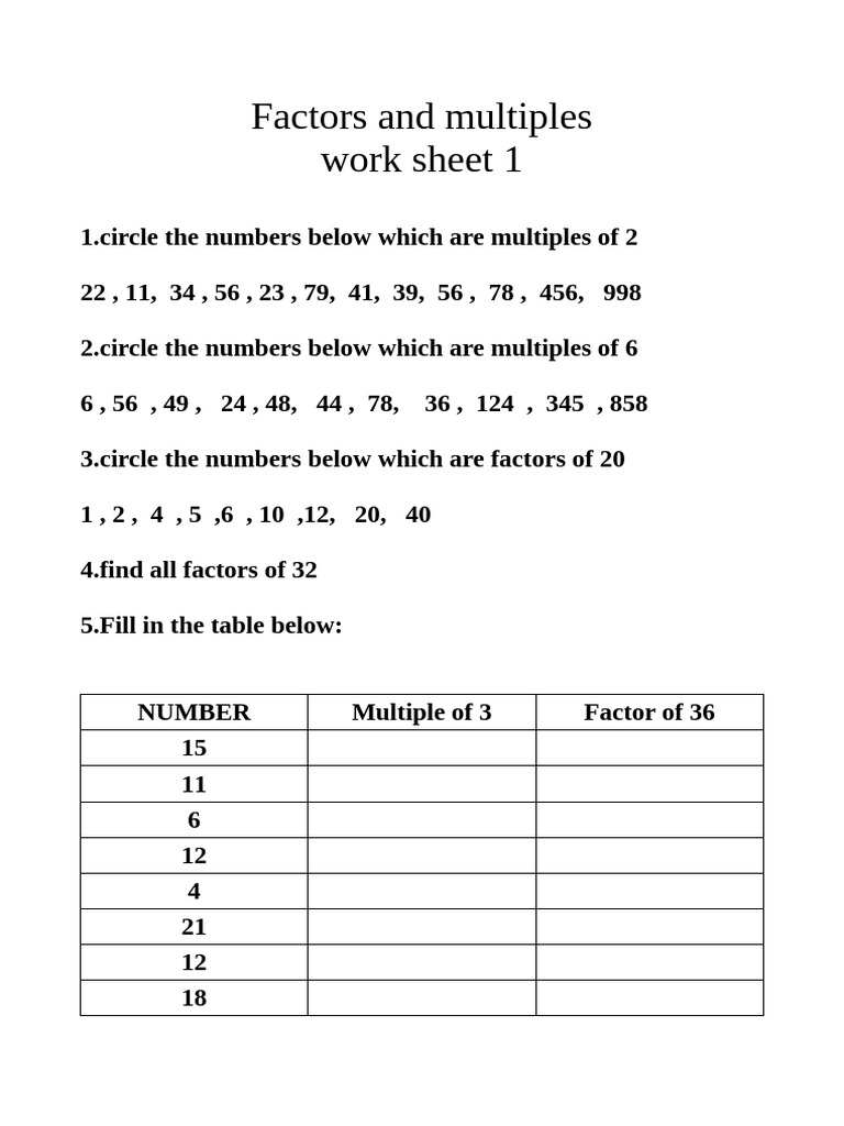 Factors and Multiples Worksheet | PDF
