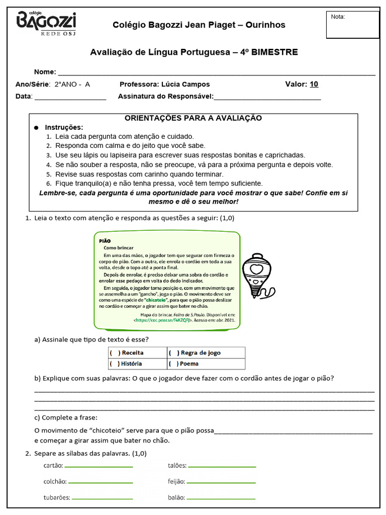 Avaliação de Língua Portuguesa - 2º Ano | PDF