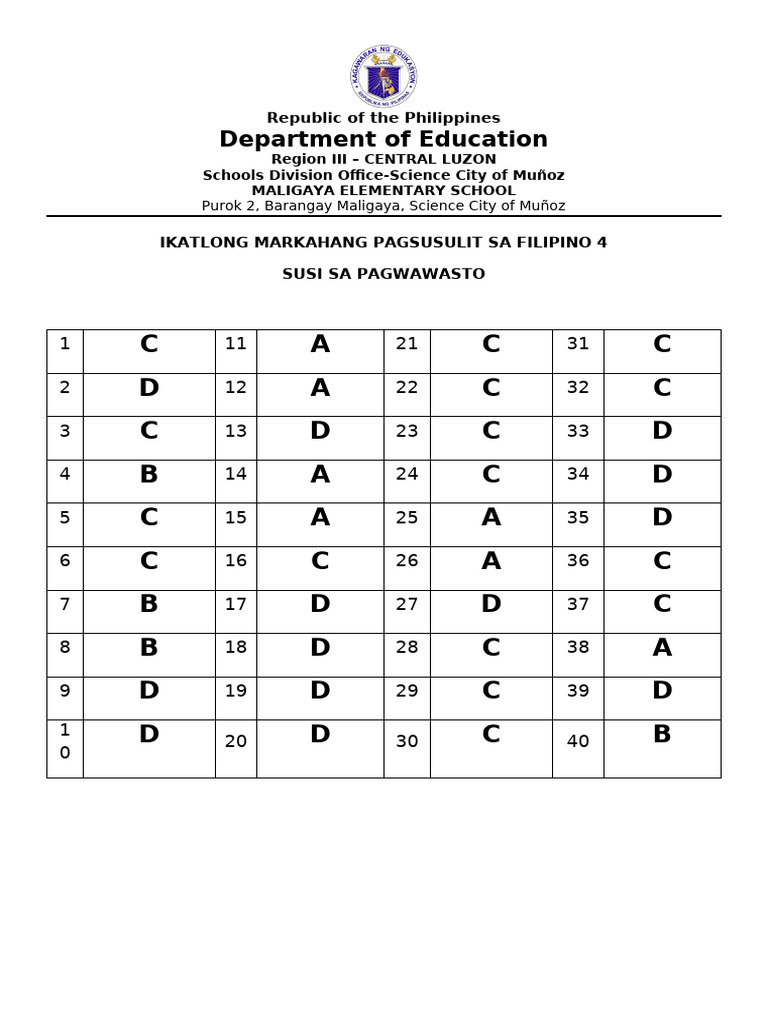 Answer Key and TOS Filipino 4 - Q3 | PDF