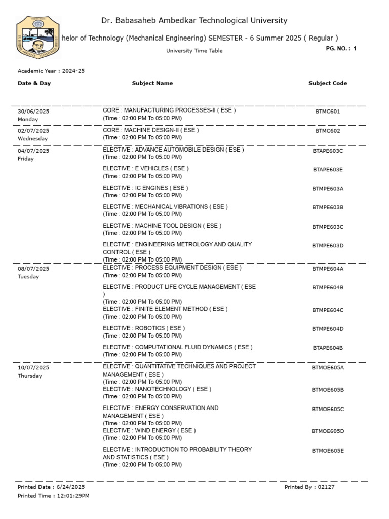 Mech Engineering Exam Timetable 2025 | PDF | Mechanical Engineering ...