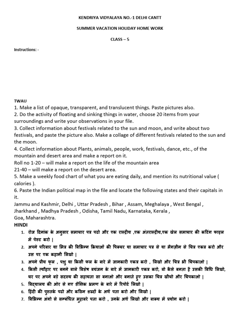 Class 5 Summer Holiday Homework | PDF