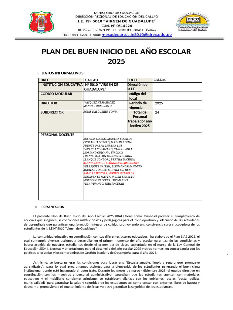 Plan de Acción para el Buen Inicio Escolar | PDF | Educación primaria ...
