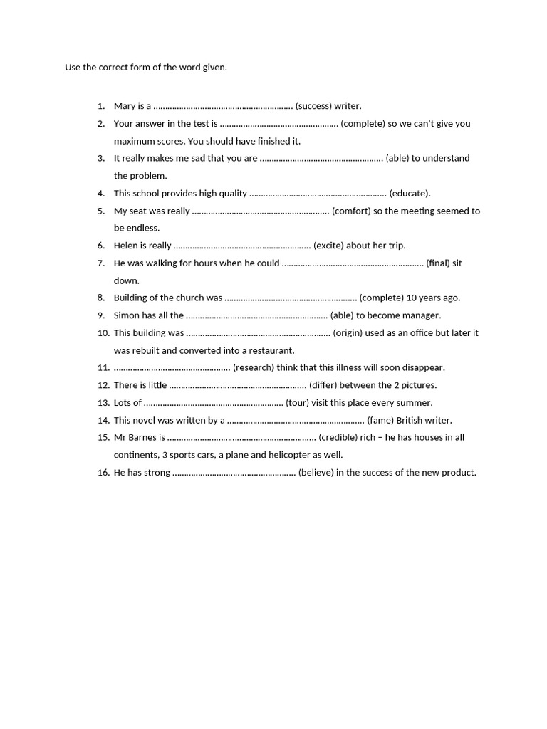 Word Form Exercises for Students | PDF