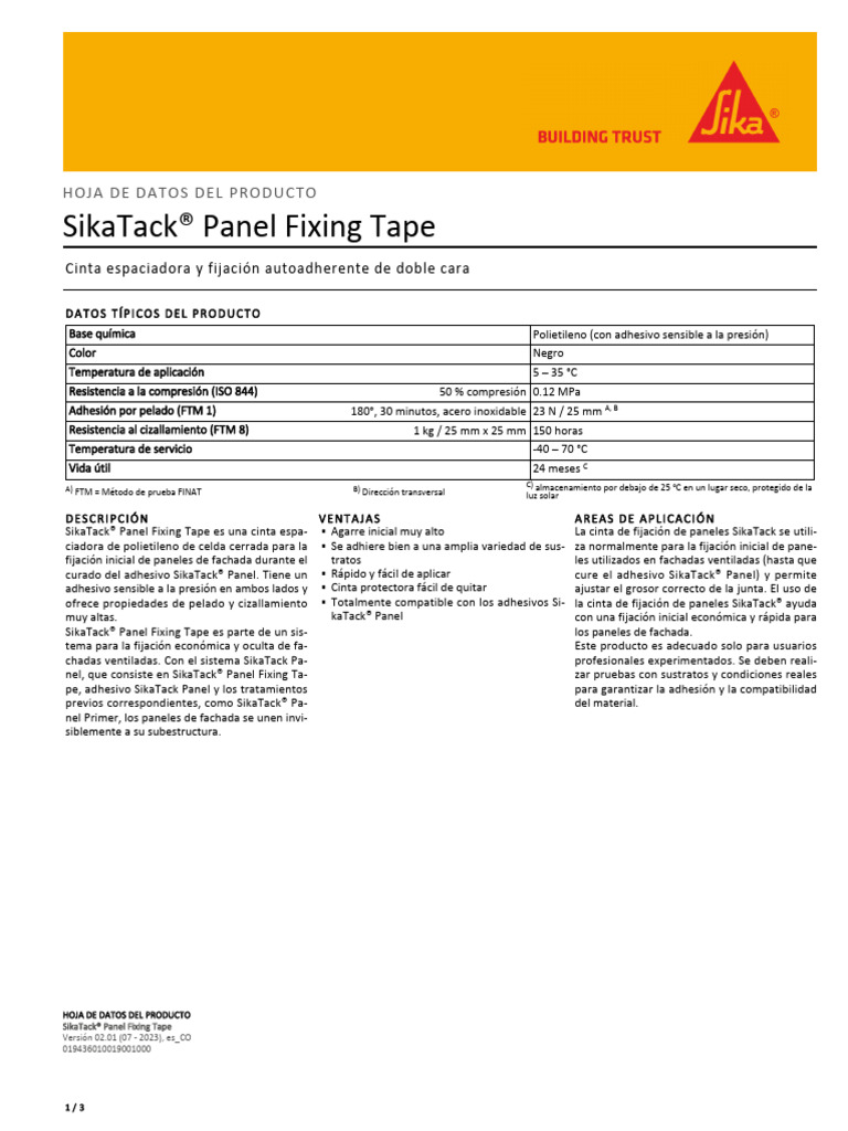 Sikatack Panel Fixingtape | PDF | Materiales | Ingeniería mecánica