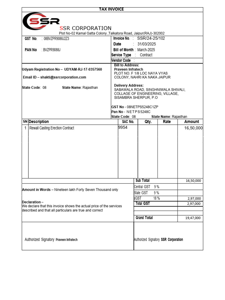 Tax Invoice for SSR Corporation Services | PDF | Taxation | Taxes