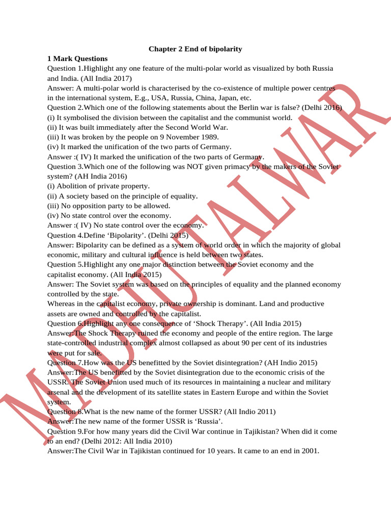 Chapter 2 End of Bipolarity 1 Mark Questions | PDF | Soviet Union ...