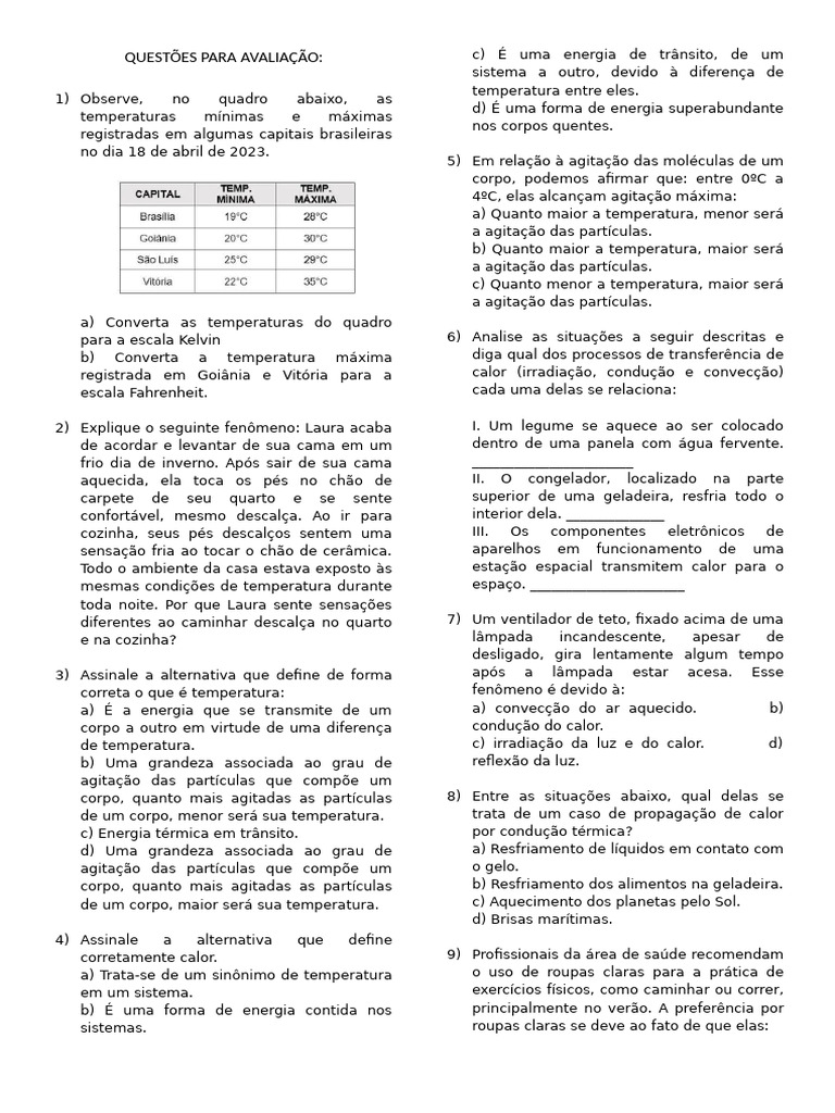 Questões sobre Temperatura e Calor | PDF | Calor | Temperatura