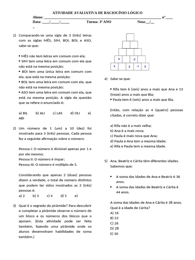 Atividade de Raciocínio Lógico 3º Ano | PDF