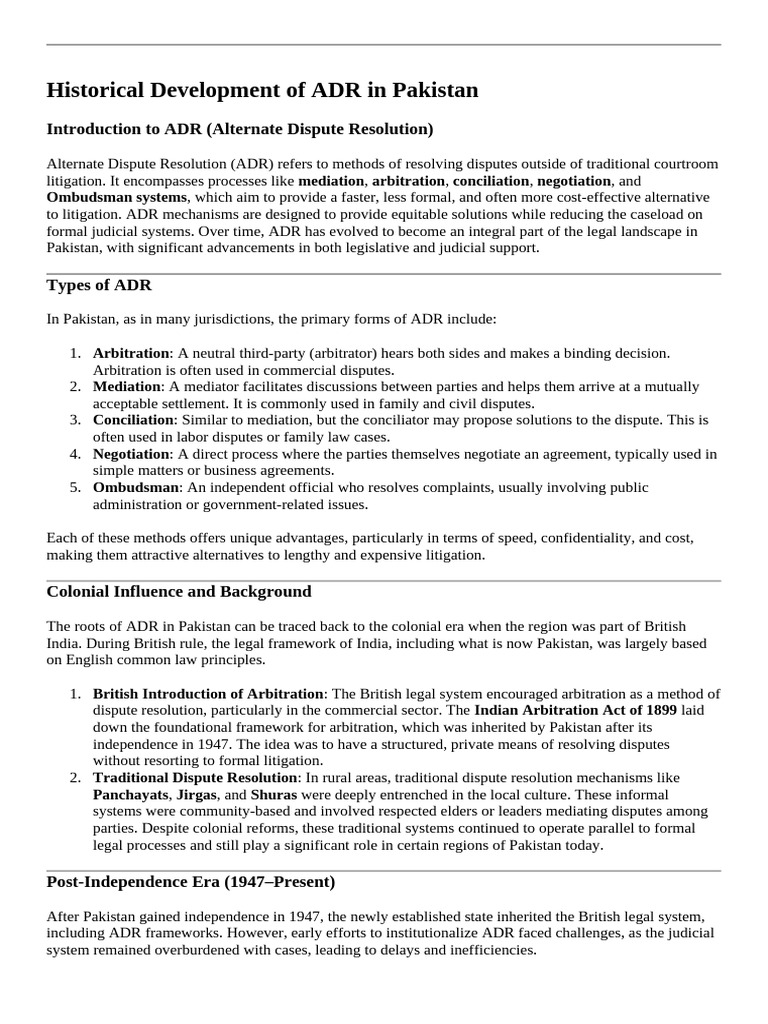 Historical Development of ADR in Pak-ADR | PDF | Alternative Dispute ...