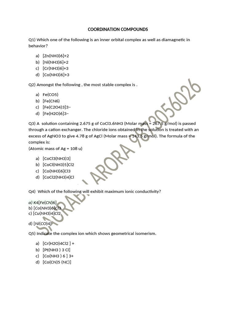 Coordination Compounds Exam Questions | PDF | Coordination Complex ...