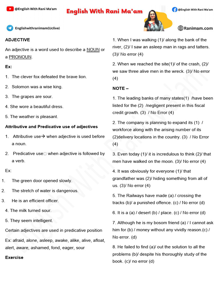 Understanding Adjectives and Their Uses | PDF | Adjective | Linguistic ...