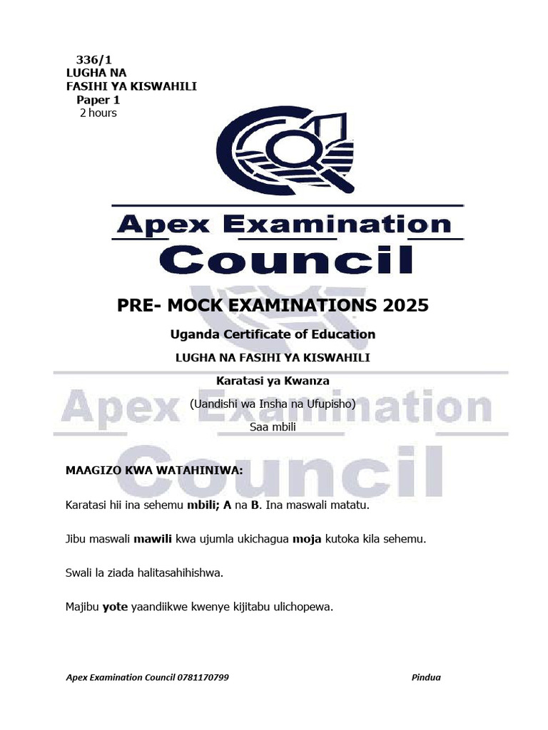 Kiswahili 336 Apex Paper 1 Premock 2025 | PDF