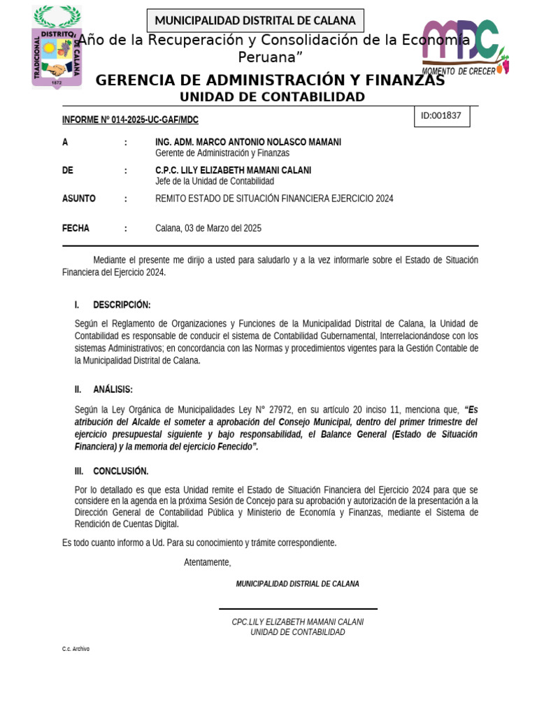 Informe #0014 Estado de Situacion Financiera | PDF | Contabilidad ...