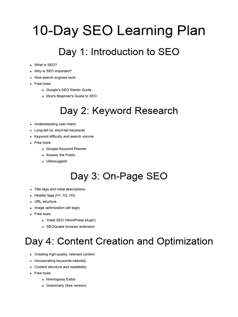 10-Day SEO Learning Plan Guide | PDF