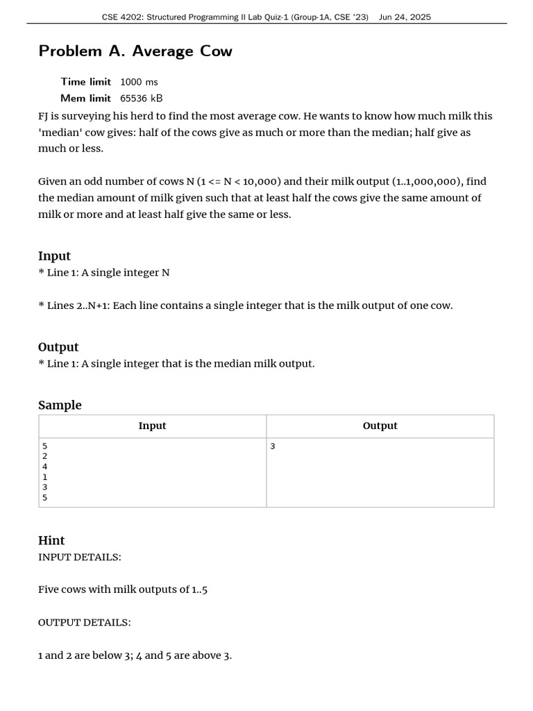 Problem A. Average Cow: 1000 Ms 65536 KB | PDF