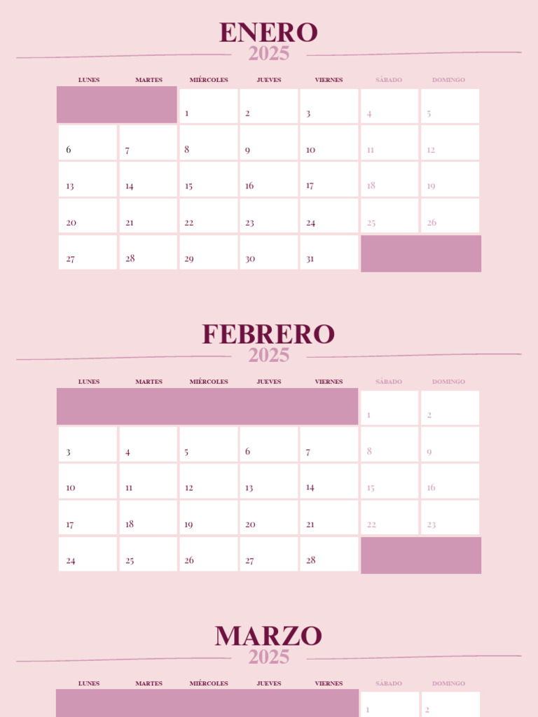 Calendario Completo 2025 Simple Rosa | PDF