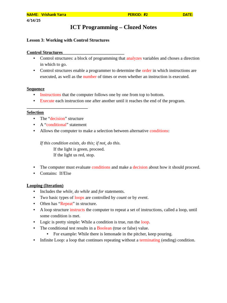 PL L3 Control Structures Close Notes | PDF