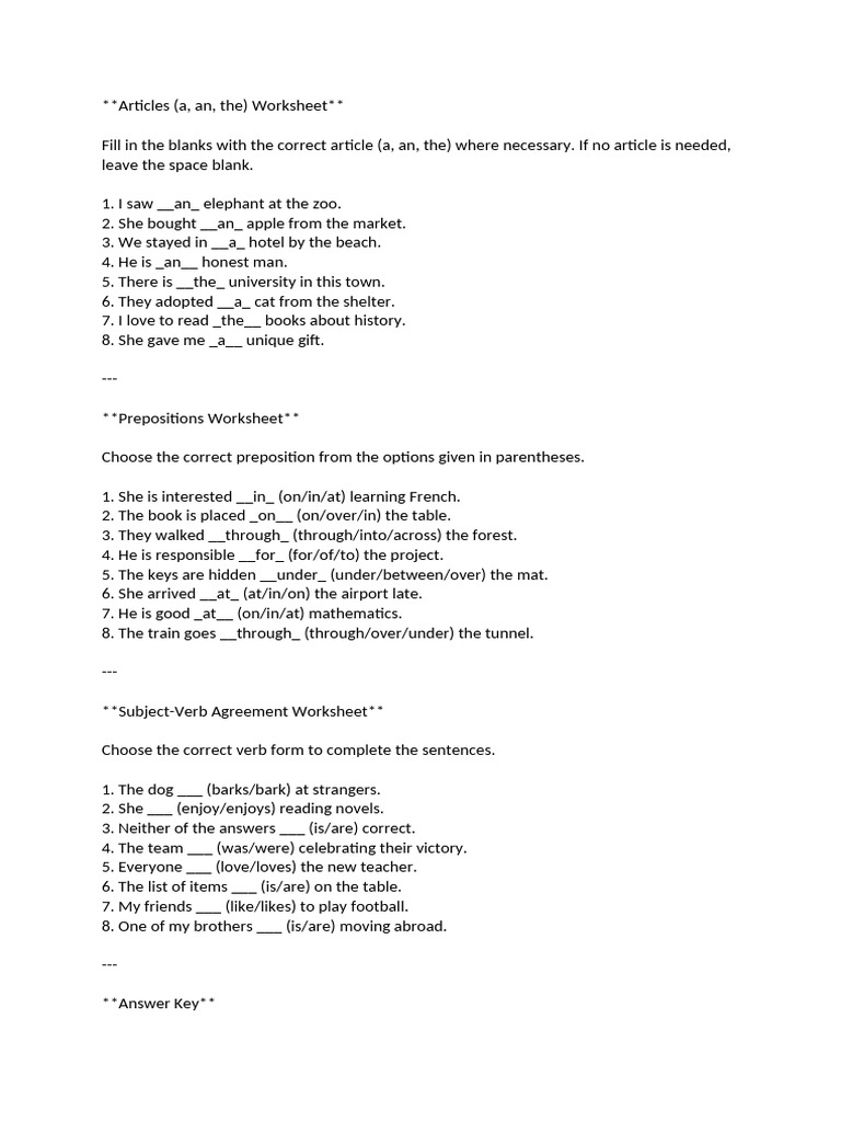 English Grammar Work Sheet Pdf