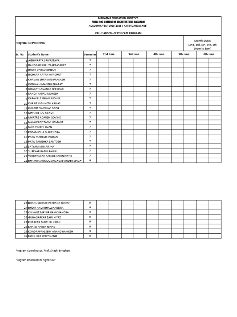 Attendance Sheet for 3D Printing Program | PDF