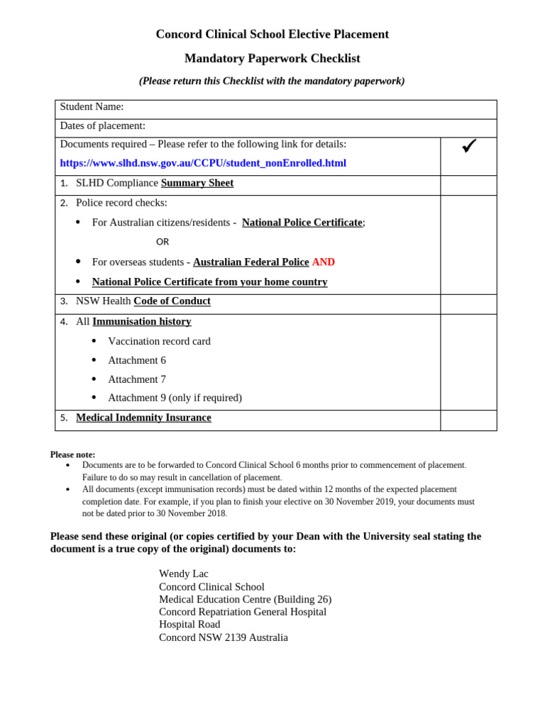 Concord Clinical School Placement Checklist | PDF