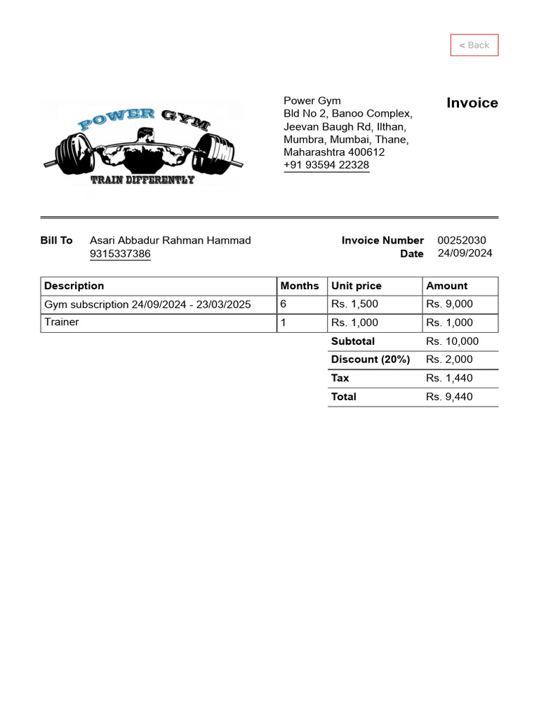 Power Gym Subscription Invoice 2024 | PDF