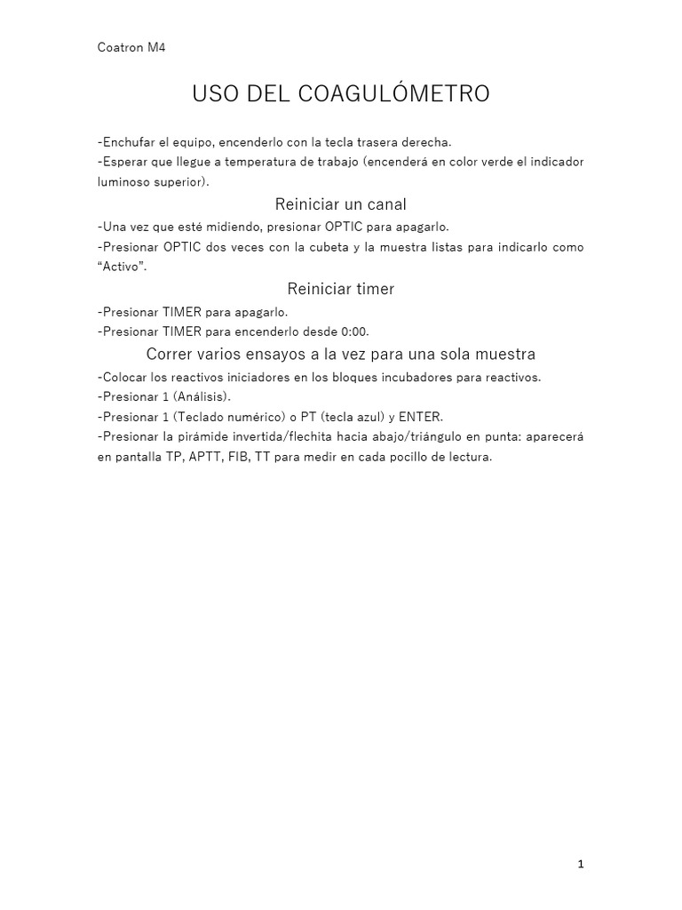 Guía de Uso del Coagulómetro Coatron M4 | PDF