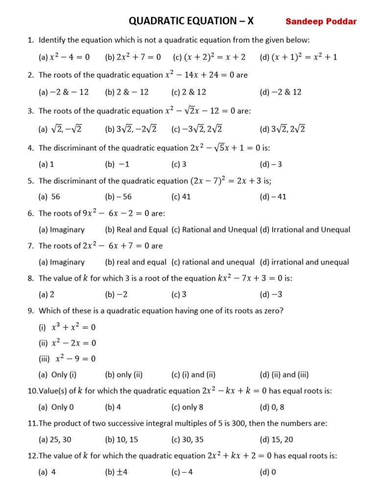 QUADRATIC EQUATION - X MCQs | PDF | Quadratic Equation | Algebra