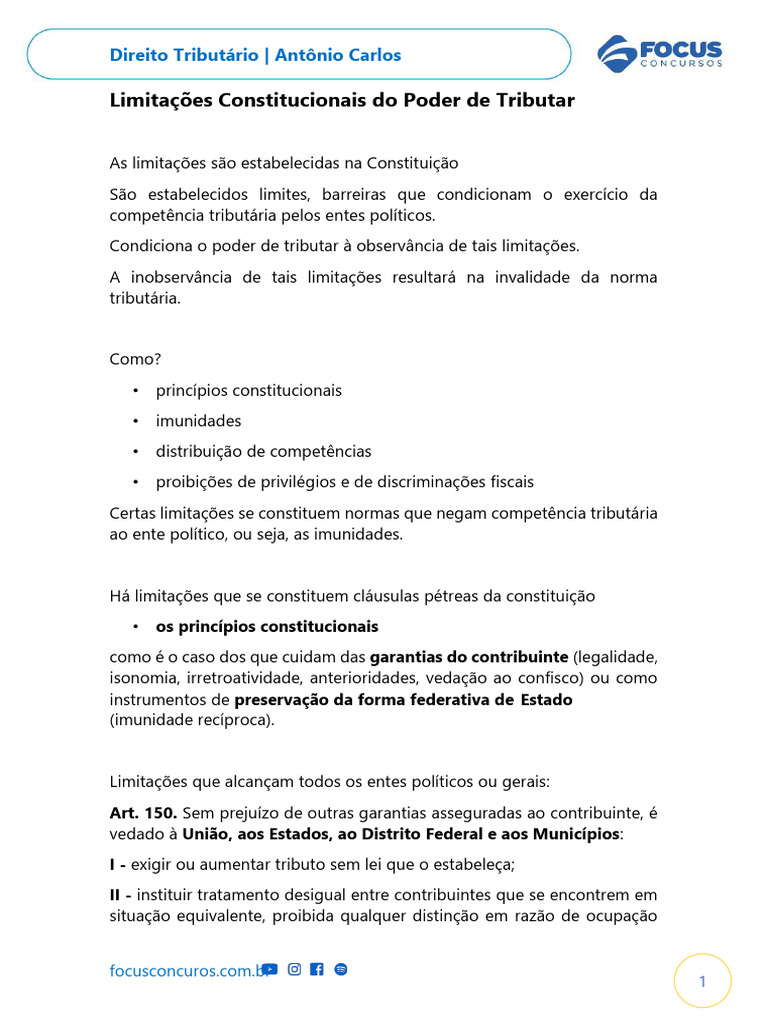 Limitações do Poder de Tributar no Brasil | PDF