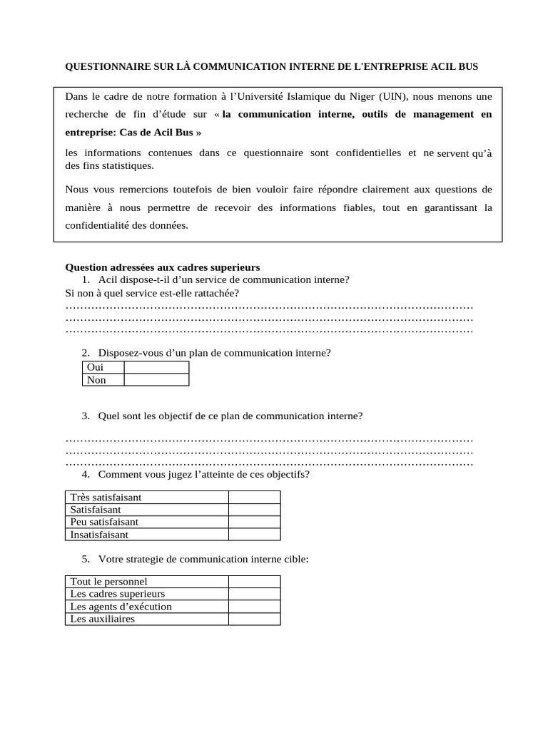 Questionnaire sur la communication interne à Acil Bus | PDF