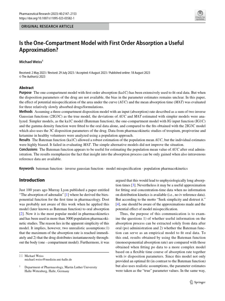 (2023) Is The One-Compartment Model With First Order Absorption A ...