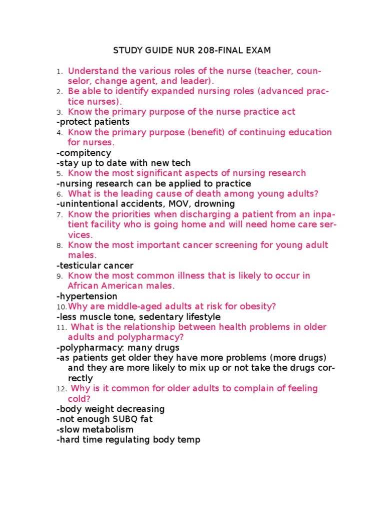 NUR 208 Final Exam Study Guide | PDF | Nursing | Patient