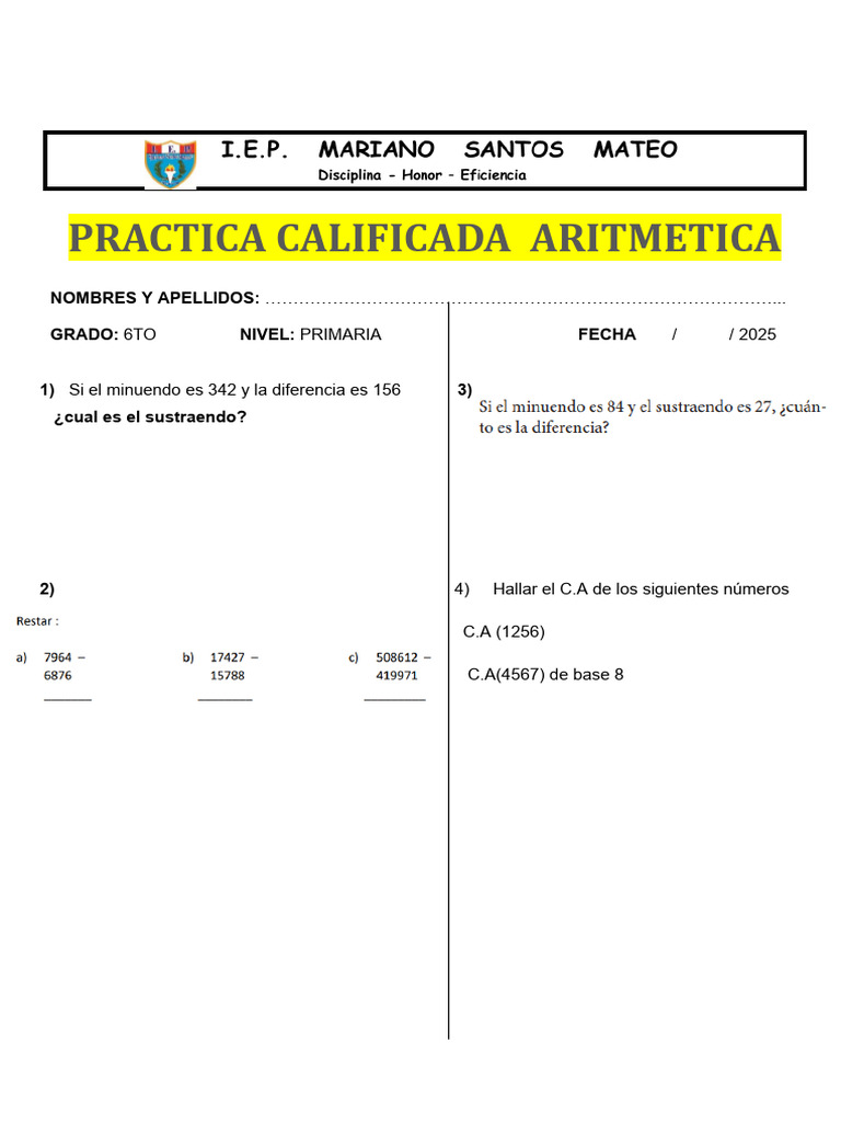 Practica Calificada 6to de Primaria Aritmetica 2222 | PDF