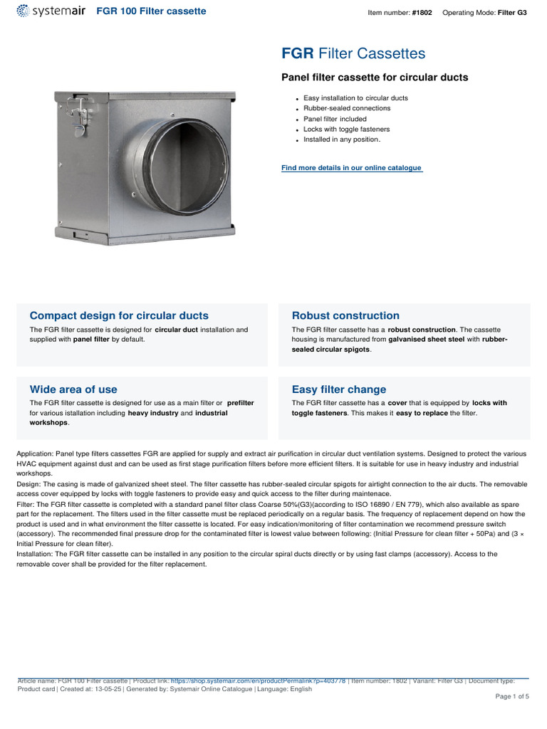 FGR 100 Filter Cassette Overview | PDF | Duct (Flow) | Equipment
