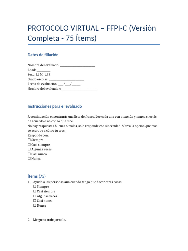FFPI-C Protocolo 75 Items | PDF