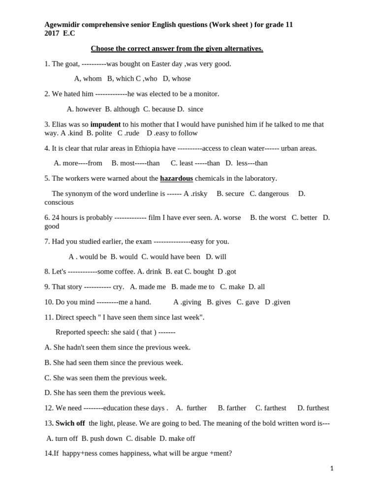Grade 11 Senior English Questions Worksheet | PDF