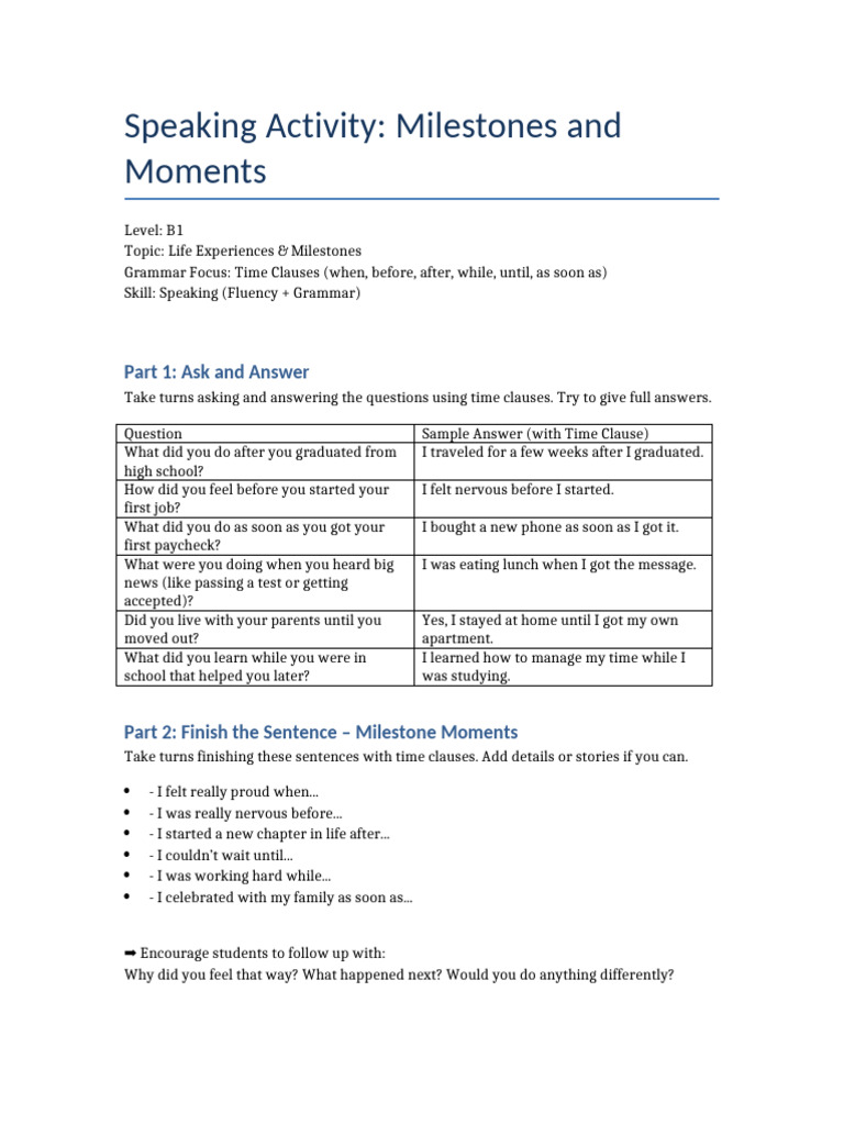 Milestones and Moments Speaking Activity | PDF