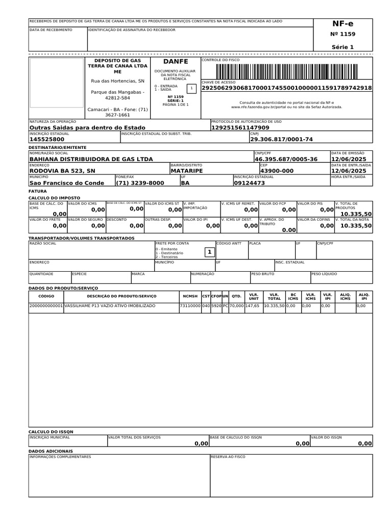 NFe 29250629306817000174550010000011591789742918(1) | PDF | Recibo ...