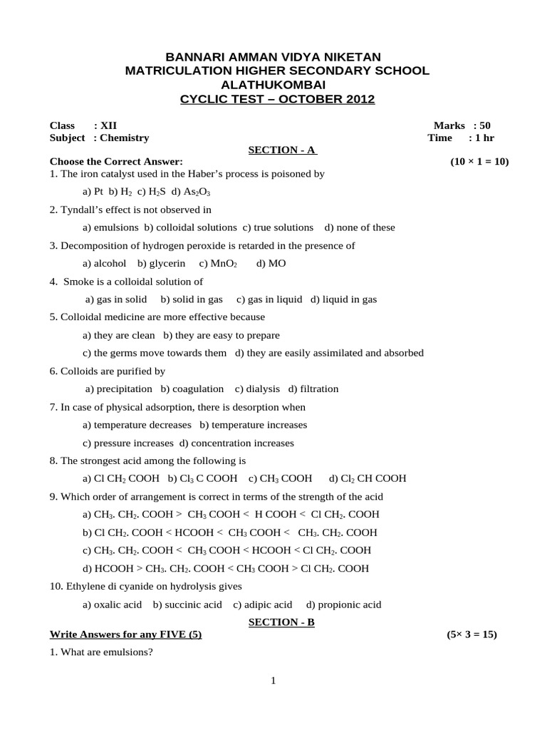 12 - 13, Cyclic Test - October, XII Chemistry | PDF | Catalysis | Acid