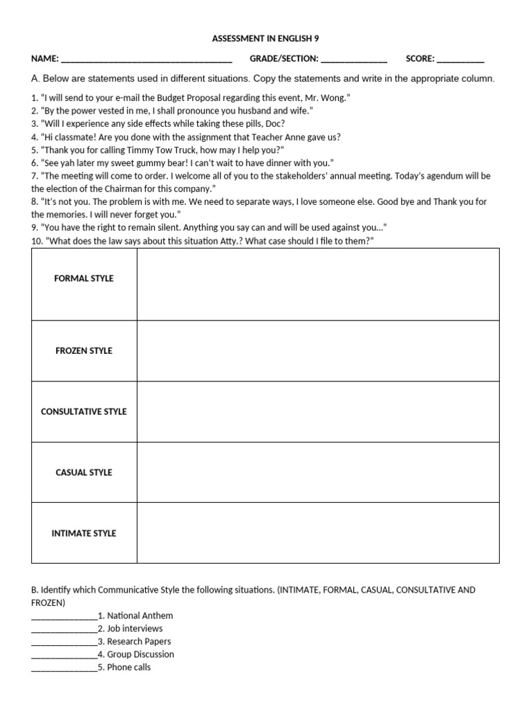 Assessment in English 9-Communicative Styles | PDF
