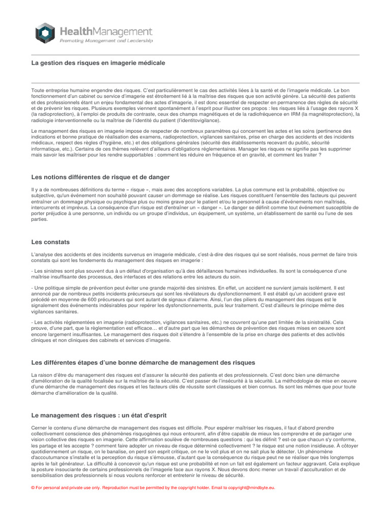 La Gestion Des Risques en Imagerie Medicale | PDF | Risque | Gestion ...