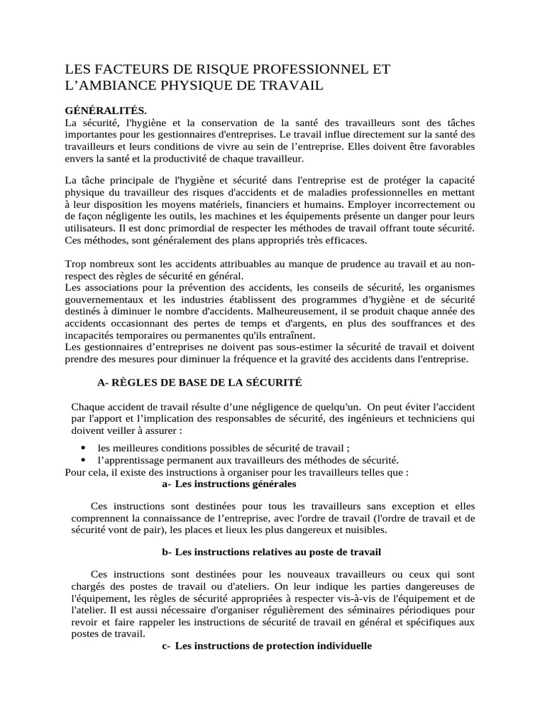 Les Facteurs de Risque Professionnel Et l | PDF | Santé et sécurité au ...