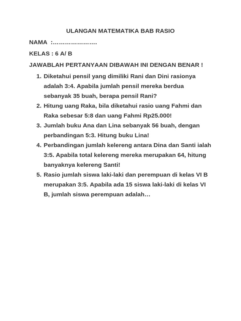 Soal Ulangan Matematika Rasio Kelas 6 | PDF