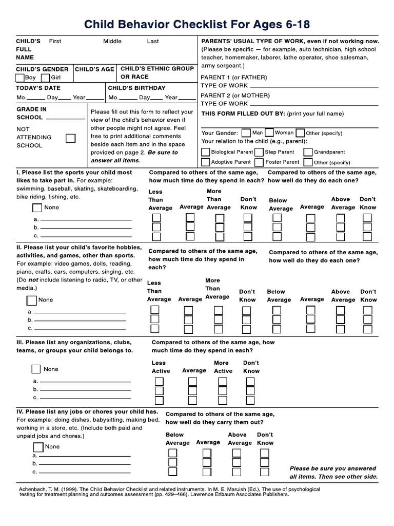 Achenbach Child Behavior Checklist - Parents Assessment | PDF