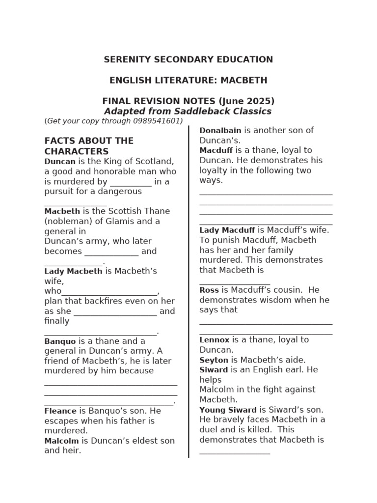 Macbeth Final Revision Notes | PDF | Macbeth | Shakespearean Tragedies